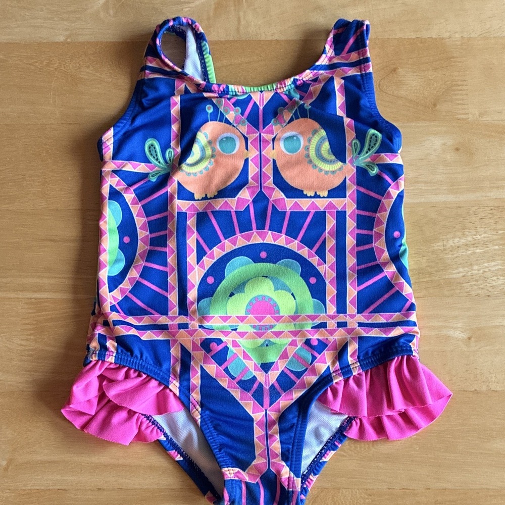 Baby Buns Girls 2T One Piece Swimsuit Blue Pink Green Geometric Ruffle Skirt